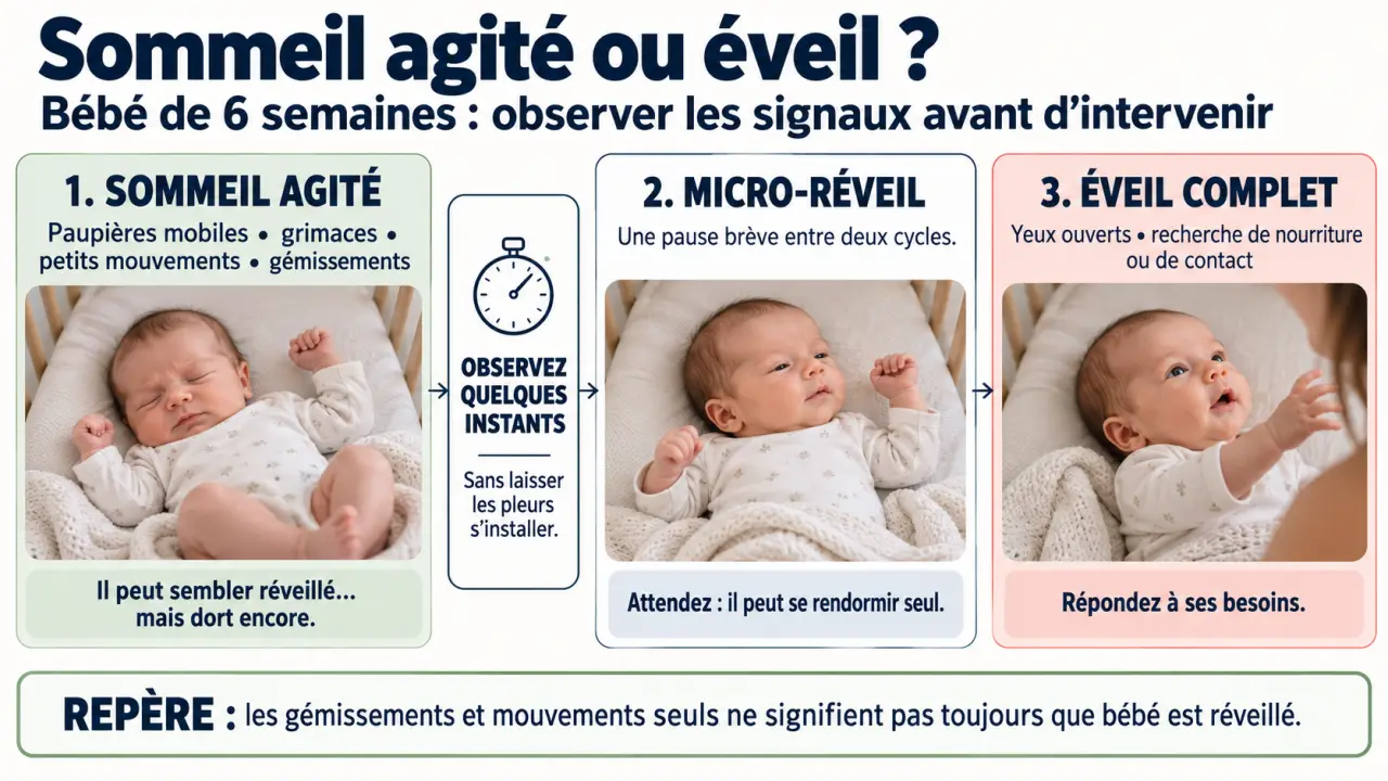 Schéma du sommeil bébé 6 semaines : sommeil agité, micro-réveil et éveil véritable