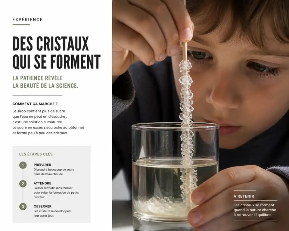 Enfant observant des cristaux se former lors d'une expérience scientifique de patience