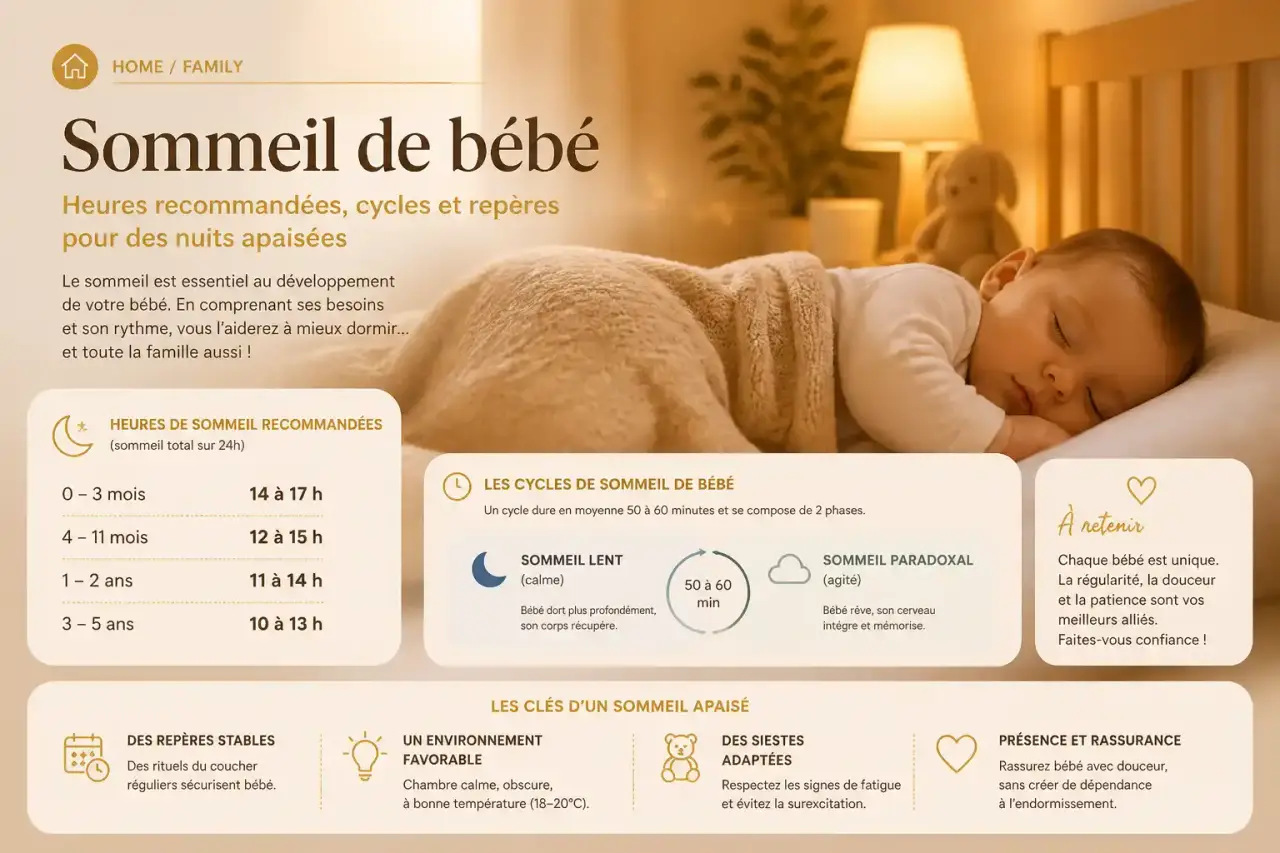 Sommeil de bébé : heures recommandées, cycles et repères pour des nuits apaisées