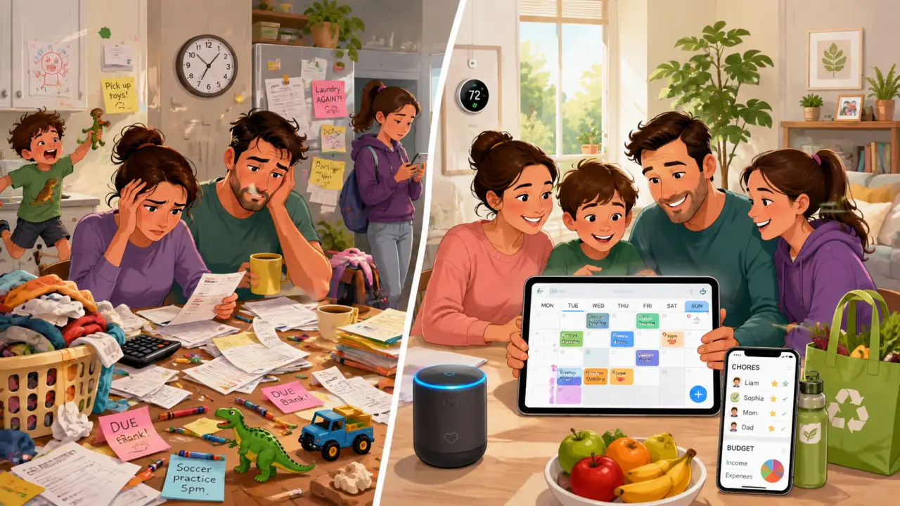 Famille détendue autour d’une table, consultent un calendrier partagé sur tablette