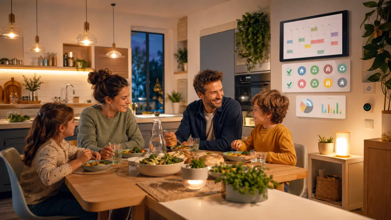 Famille autour d’une table de cuisine consultant un calendrier partagé sur tablette