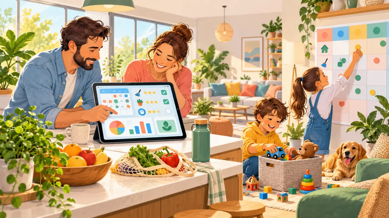 Une famille organise son calendrier et les tâches du foyer autour d’une table
