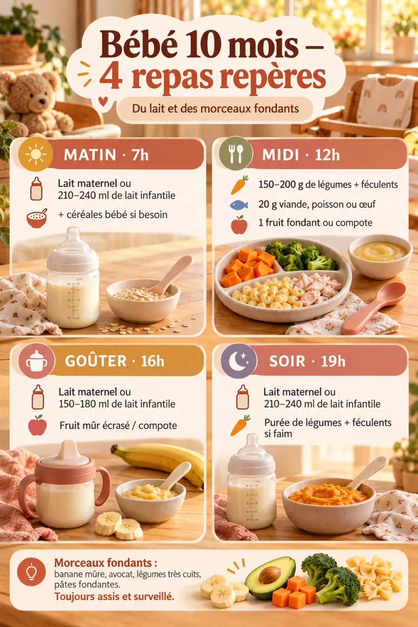 Tableau alimentation bébé 10 mois : 4 repas repères, du lait et des morceaux fondants