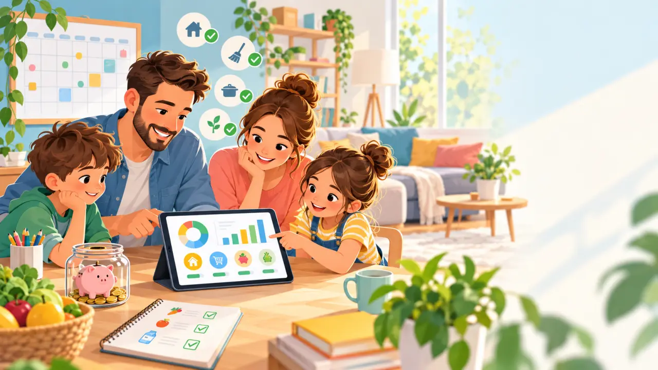 Famille organisée autour d'une table et consultant un budget familial
