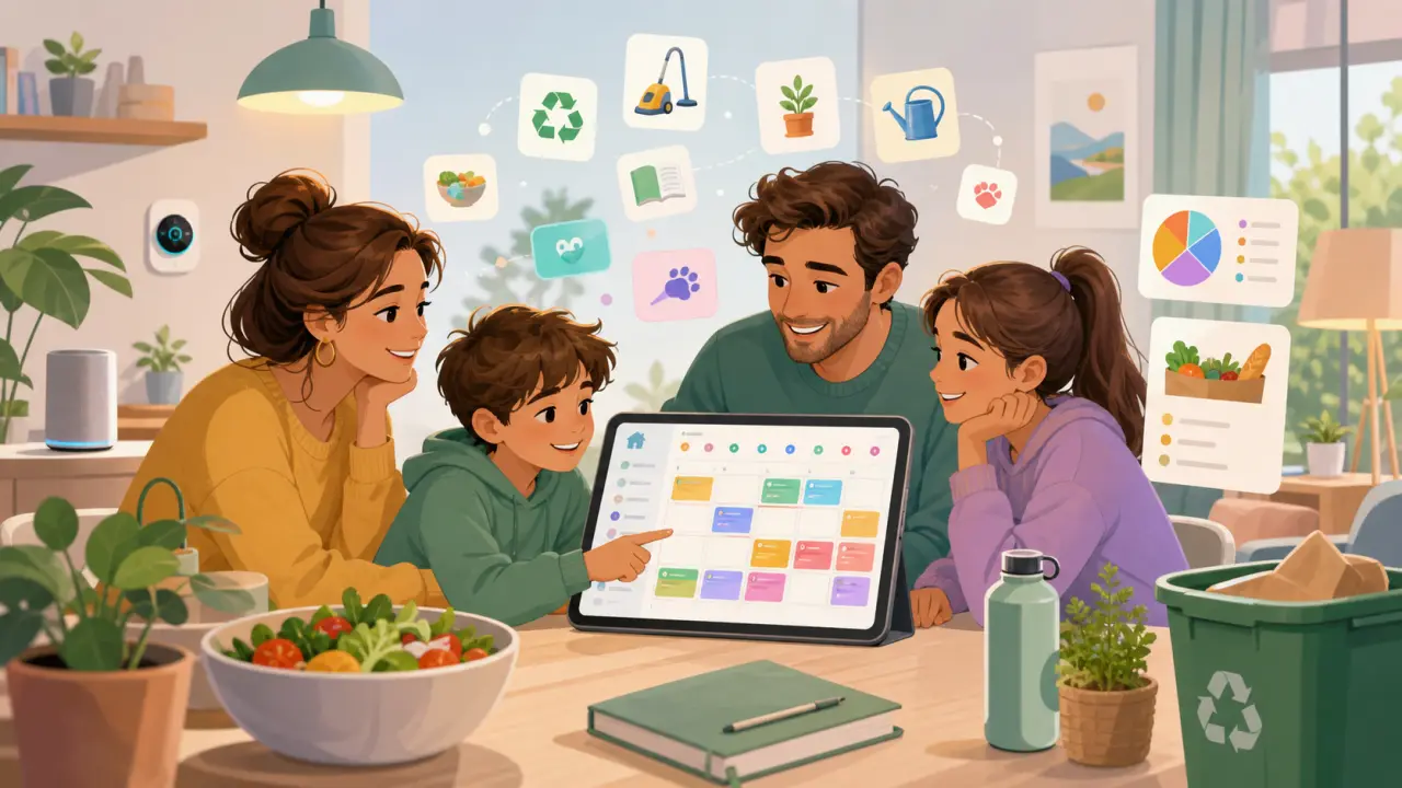 Famille autour d'une table de cuisine consultant un calendrier familial sur tablette