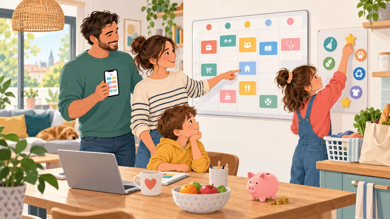 Famille consultant un calendrier familial partagé sur une tablette
