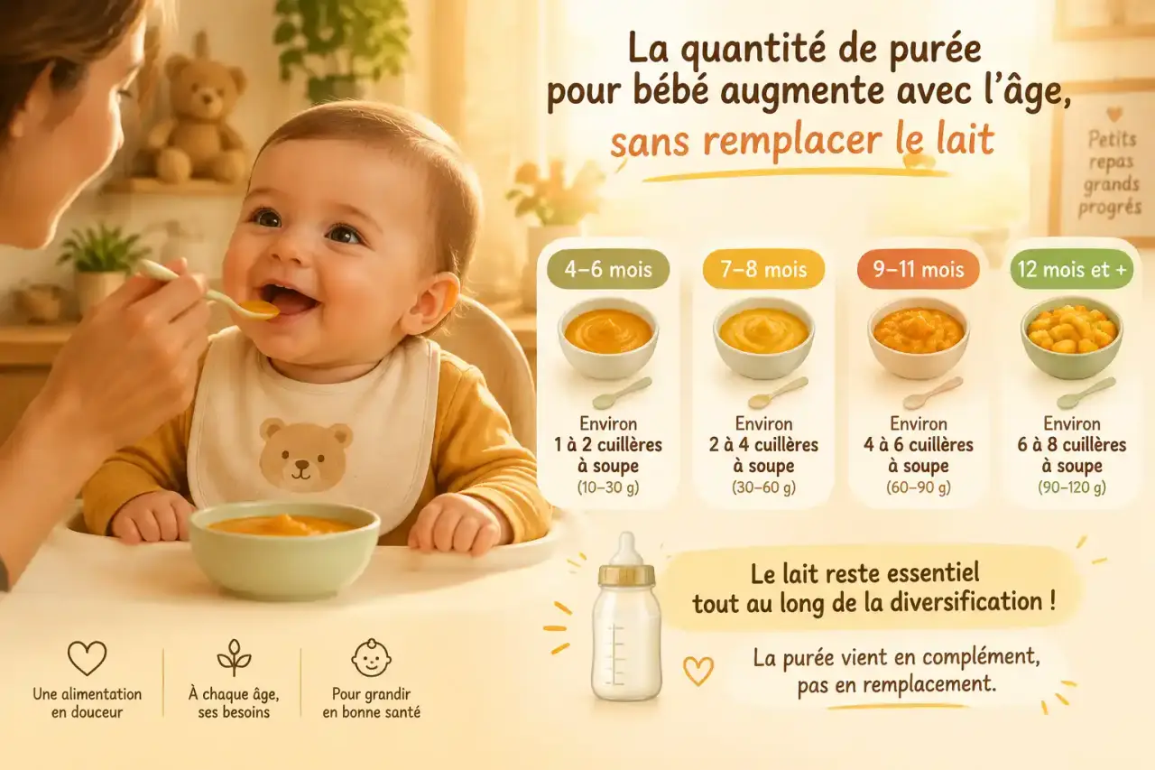 La quantité de purée pour bébé augmente avec l’âge, sans remplacer le lait