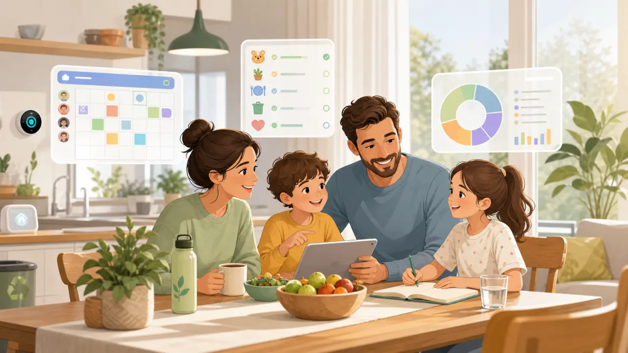 Famille souriante autour d'une table de cuisine, consultant un calendrier coloré sur tablette