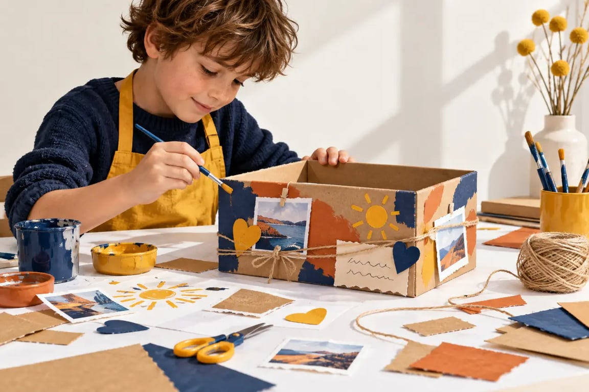 Activité fête des pères : enfant fabriquant une boîte à souvenirs personnalisée