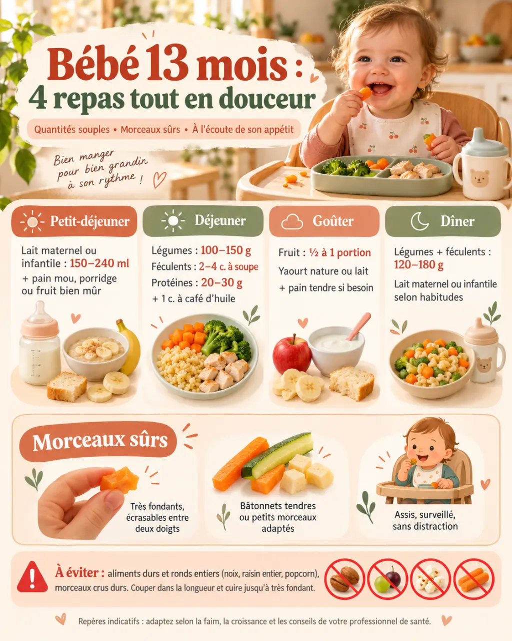 Tableau alimentation bébé 13 mois : 4 repas, des quantités souples et des morceaux sûrs