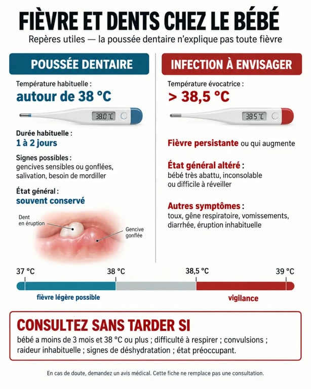 Infographie sur la fièvre et les dents chez le bébé avec signes de poussée dentaire et signes d’alerte