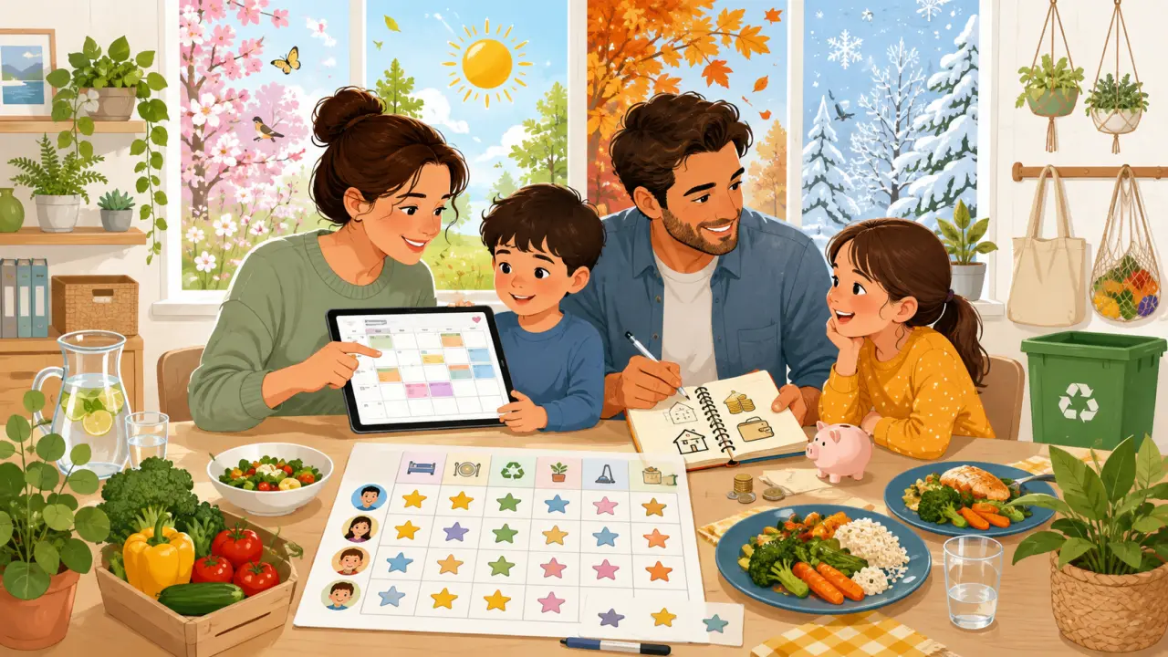 Famille autour d'une table de cuisine avec un calendrier partagé sur tablette