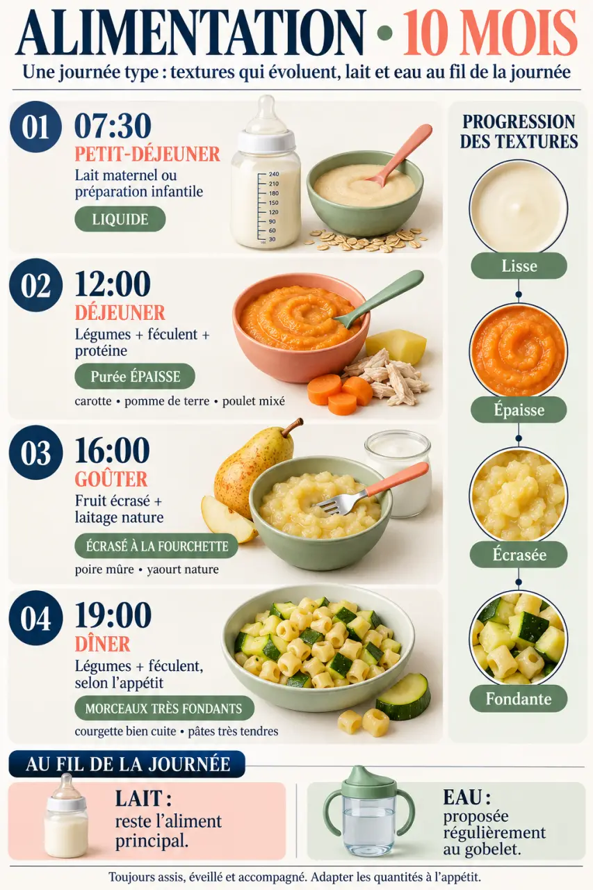Tableau alimentation bébé 10 mois avec journée type et progression des textures