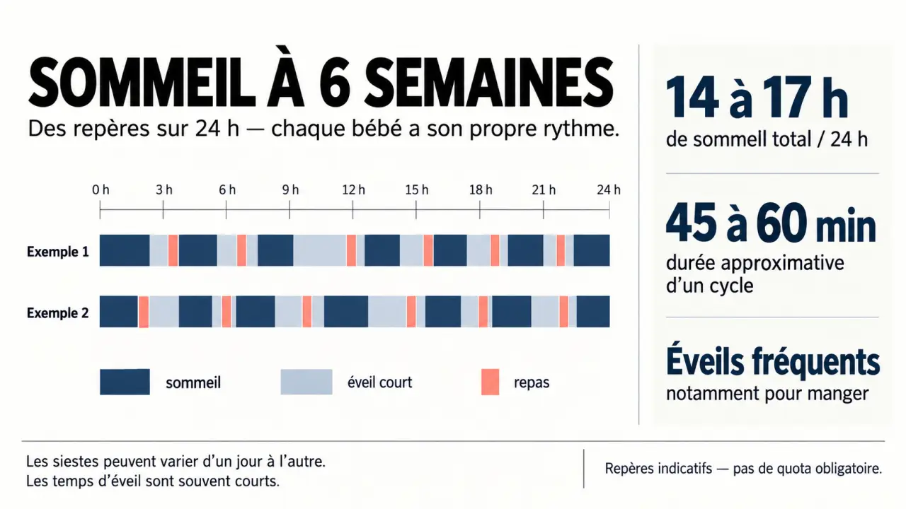 Infographie sur le sommeil bébé 6 semaines : durée totale, cycles, siestes et réveils