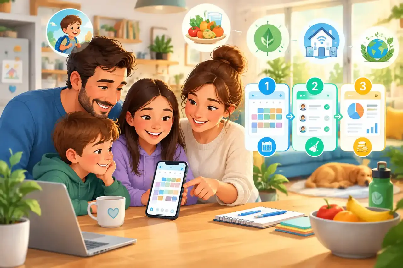 Une famille consulte ensemble un calendrier partagé sur une tablette