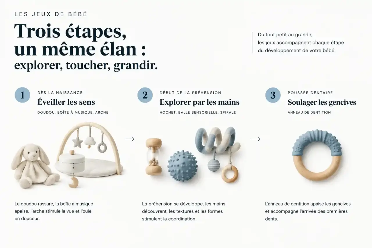 Frise des jeux bébé naissance par étape : doudou et arche dès la naissance, hochet à la préhension, anneau à la poussée dentaire
