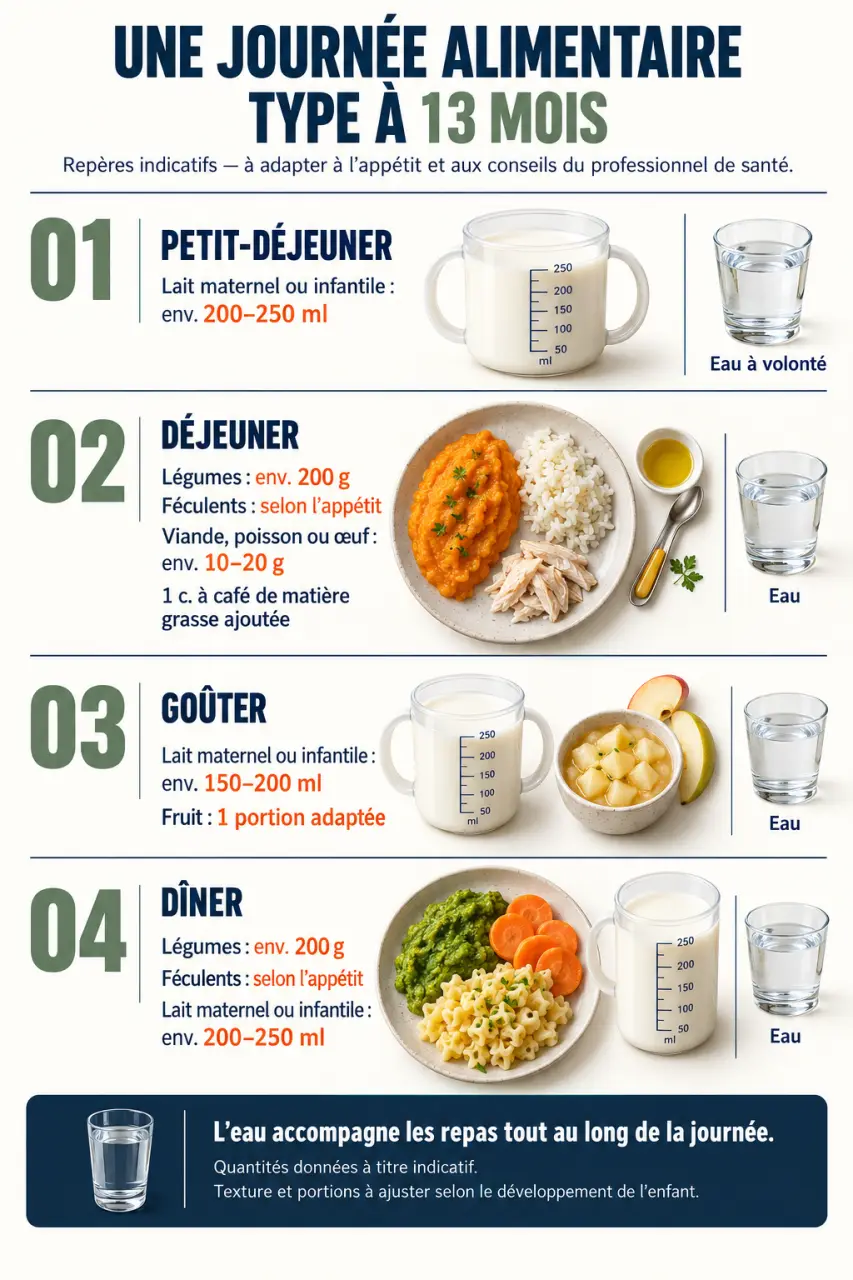 Tableau alimentation bébé 13 mois : exemple visuel des quatre repas de la journée