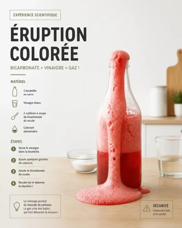 Expérience scientifique enfant maison avec bicarbonate et vinaigre en réaction moussante