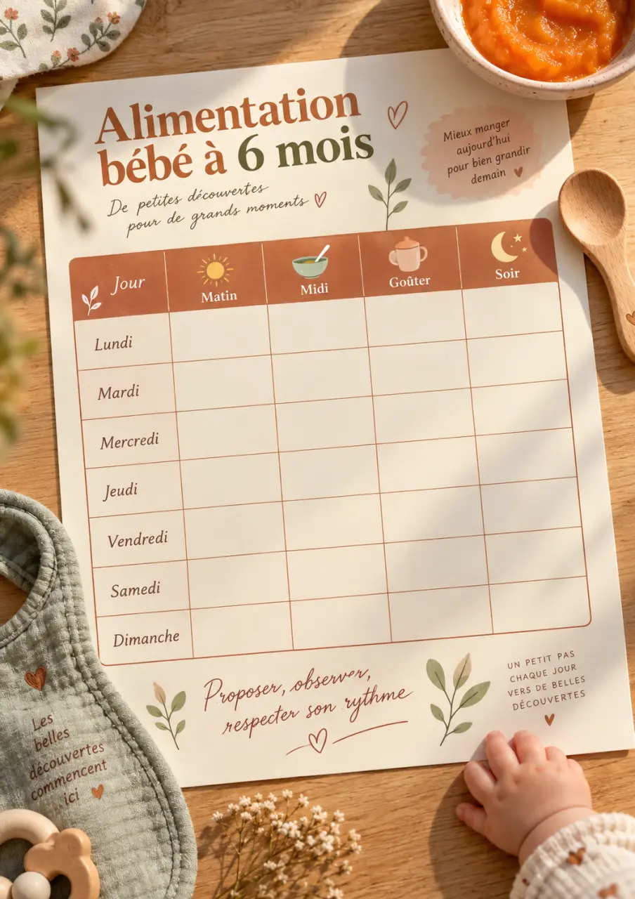 Alimentation bébé à 6 mois : le tableau imprimable pour organiser les repas sans forcer