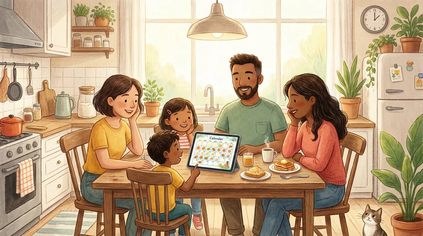 Famille heureuse autour d'une table consultant le calendrier Parentelo