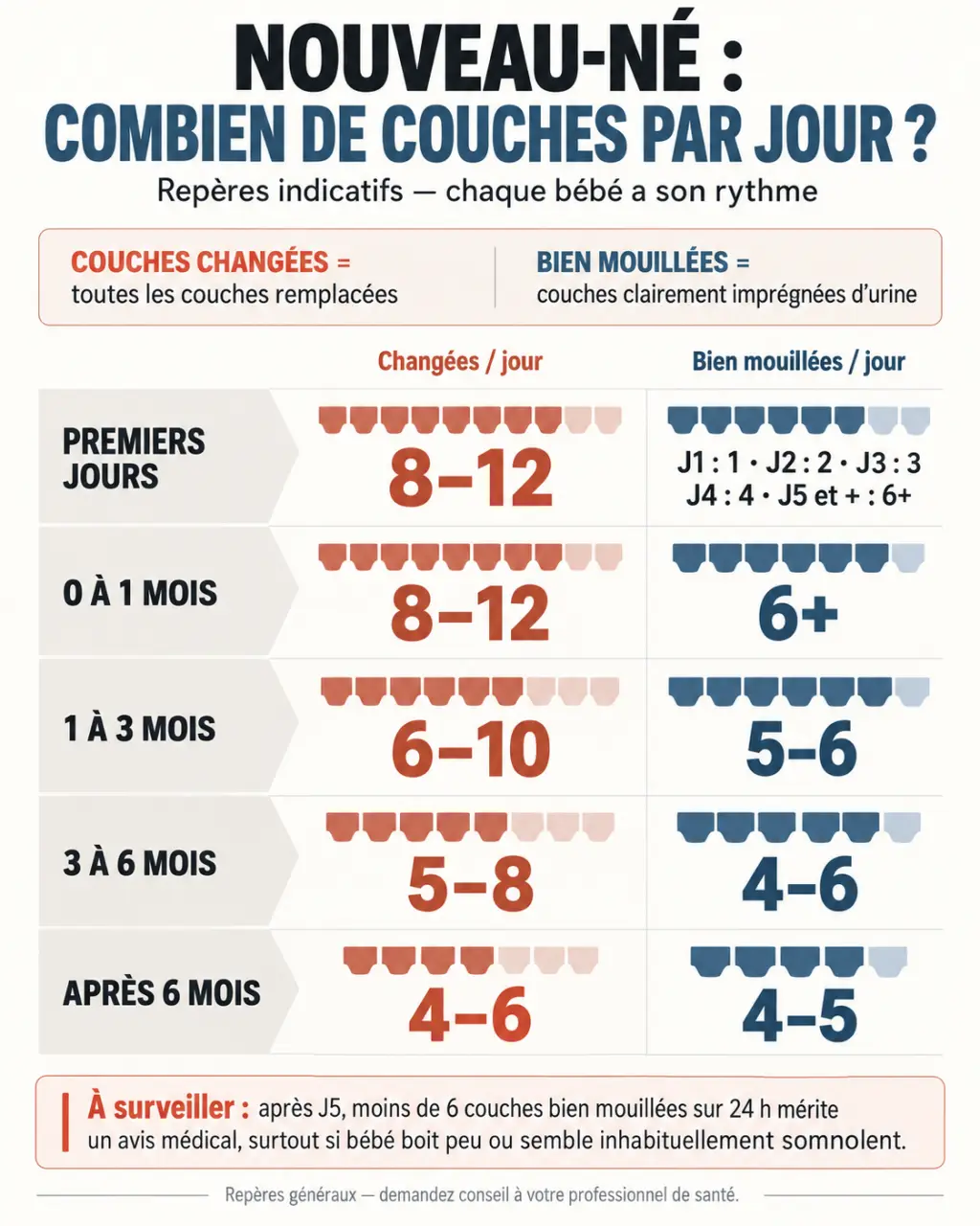 Infographie nouveau né combien de couches par jour selon l'âge et les couches mouillées