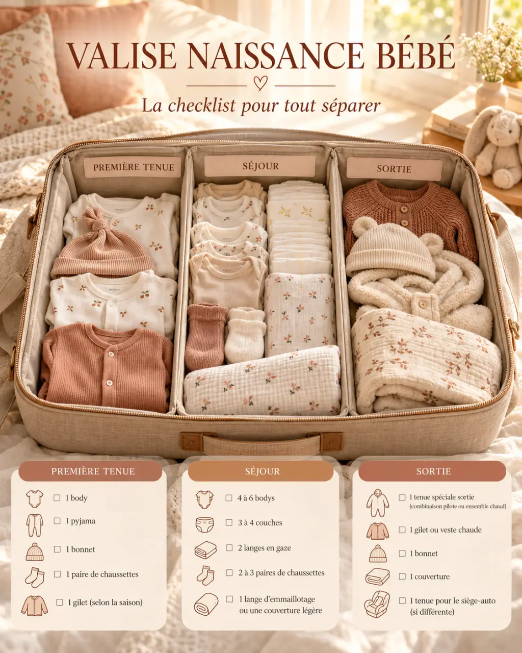 Valise naissance bébé : la checklist pour séparer première tenue, séjour et sortie