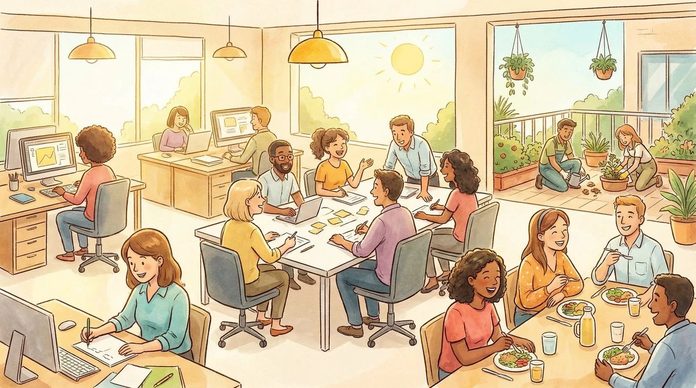 Illustration conceptuelle montrant une balance équilibrée entre une horloge et un cœur, symbolisant l’équilibre entre le temps et la famille