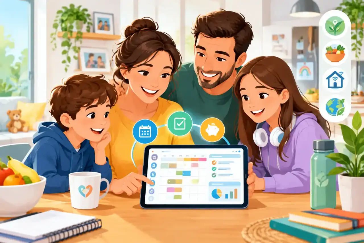 Une famille consulte un calendrier partagé autour d'une table