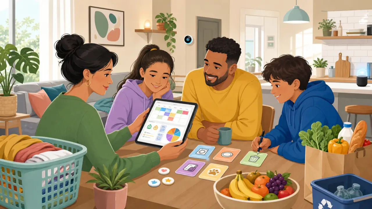Famille détendue autour d'une table avec un calendrier partagé