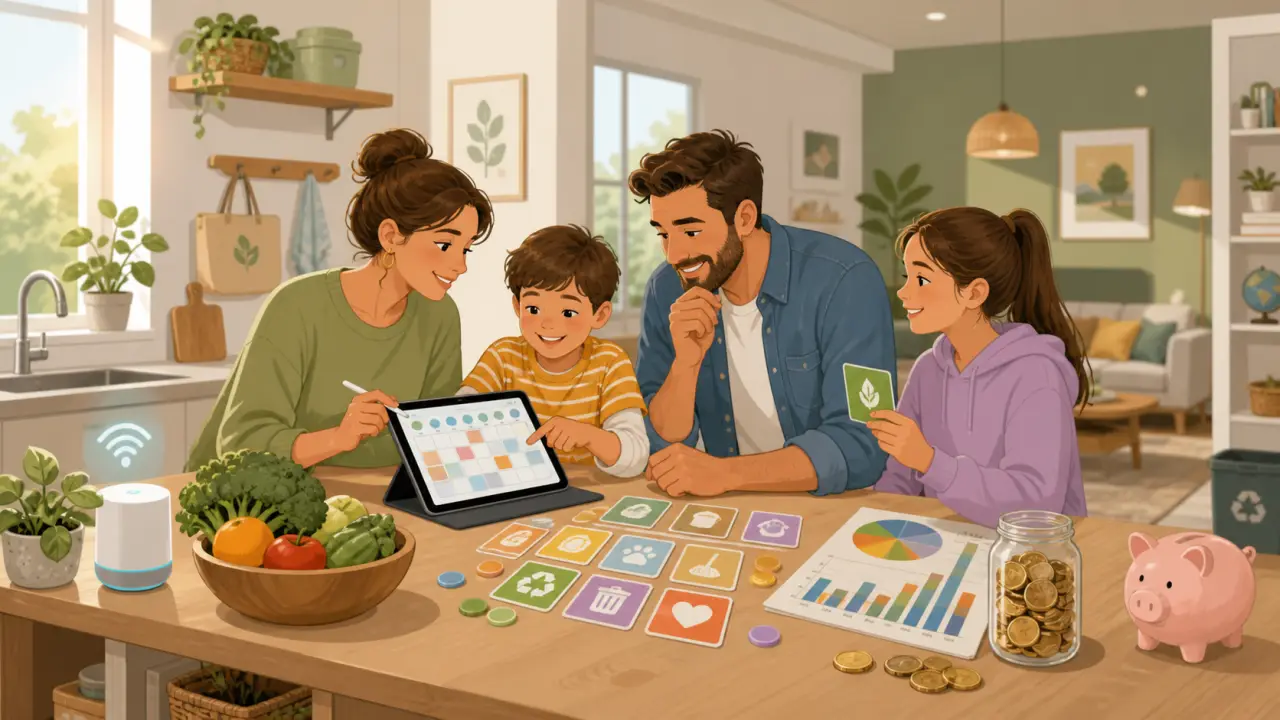 Famille détendue autour d'une table de cuisine, consultant un calendrier partagé sur tablette
