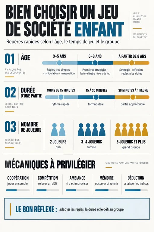 Infographie pour choisir un jeu de société enfant selon l’âge, la durée et le nombre de joueurs