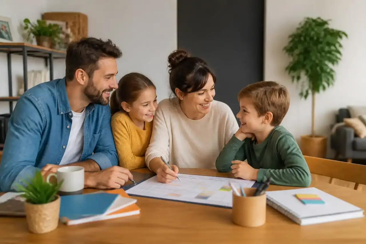 Famille détendue consultant un calendrier partagé sur une tablette dans une cuisine lumineuse