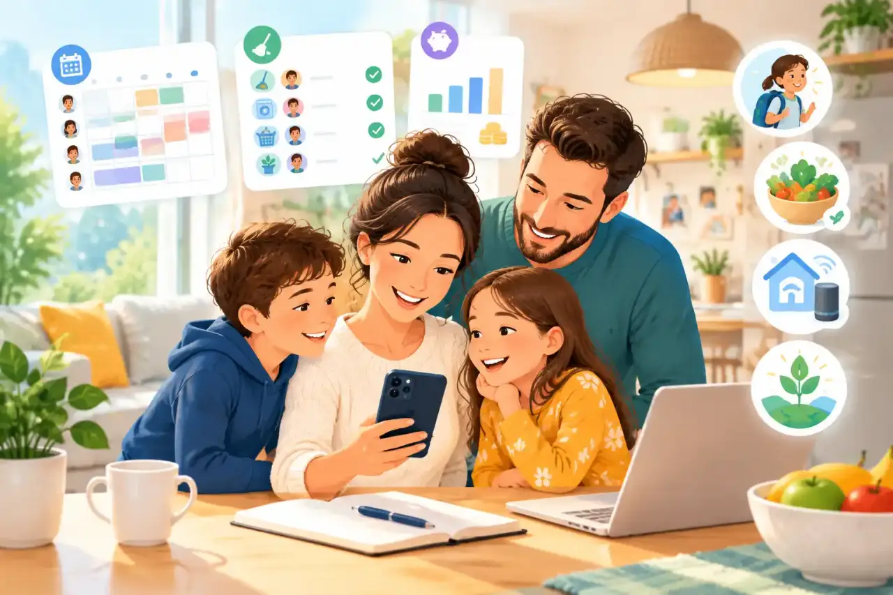 Famille réunie autour d'une tablette affichant un calendrier familial coloré