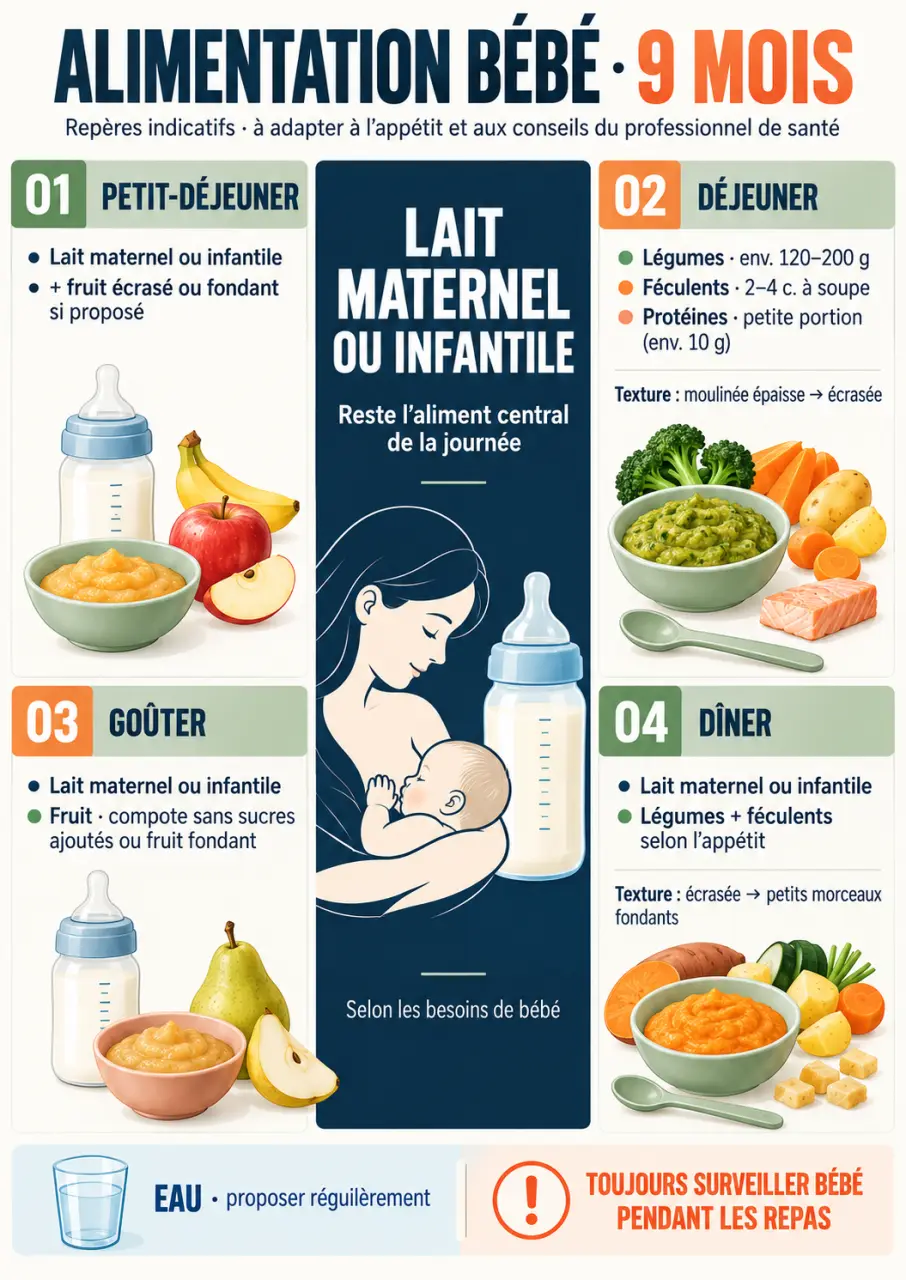 Tableau alimentation bébé 9 mois avec quatre repas, lait, textures et quantités indicatives