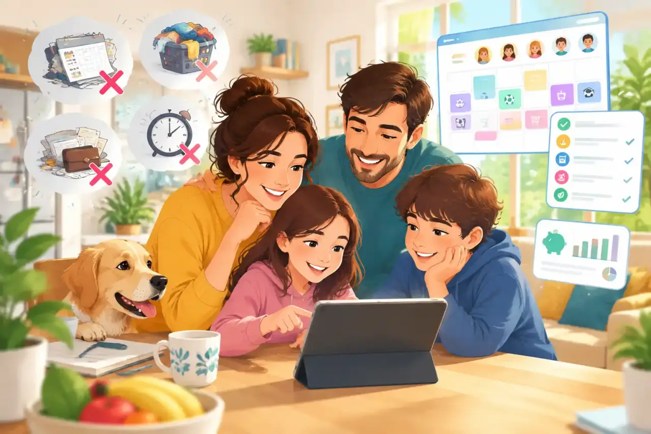 Famille consultant un calendrier partagé autour d'une table