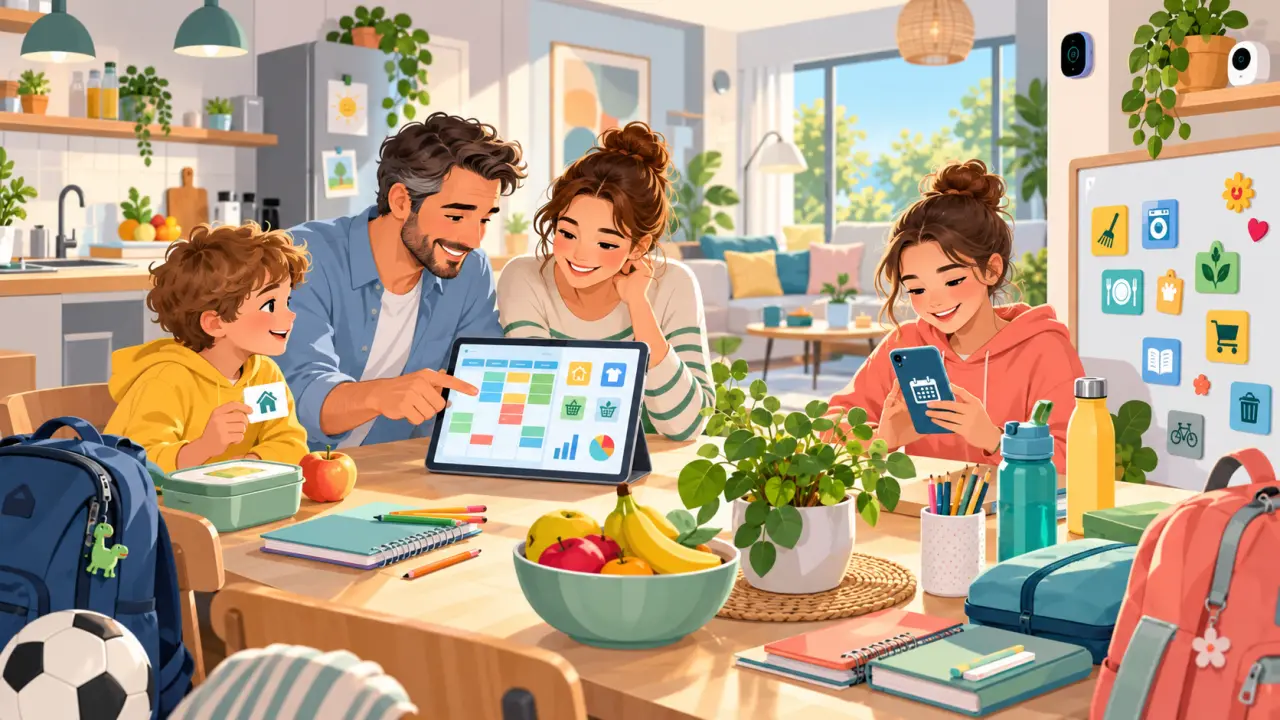 Famille organisée autour d'une table avec un calendrier de rentrée et une tablette
