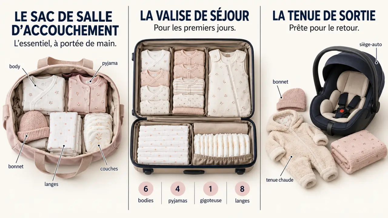 Valise naissance bébé organisée pour la salle d’accouchement, le séjour à la maternité et la sortie