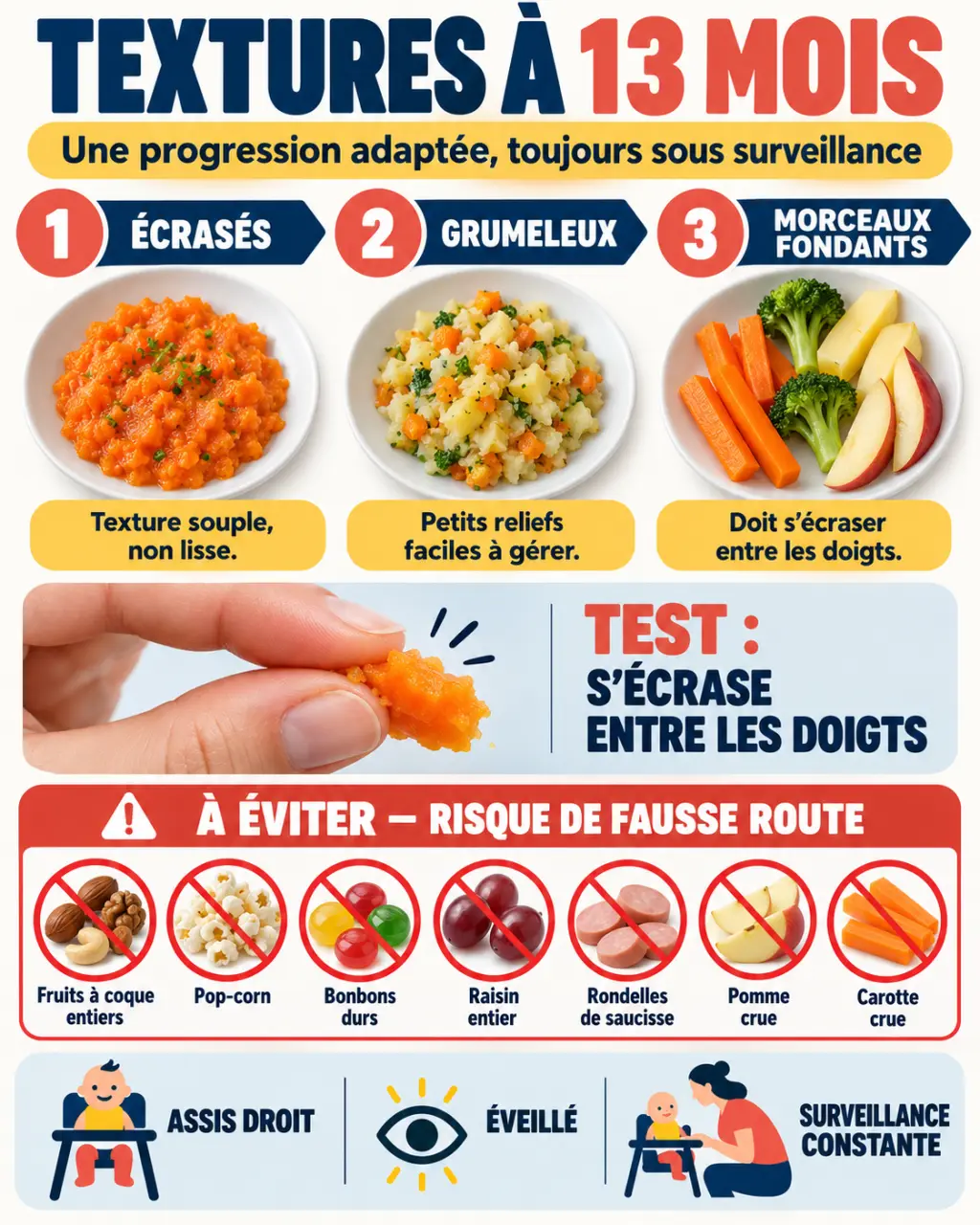 Tableau alimentation bébé 13 mois : textures, morceaux fondants et aliments à risque de fausse route