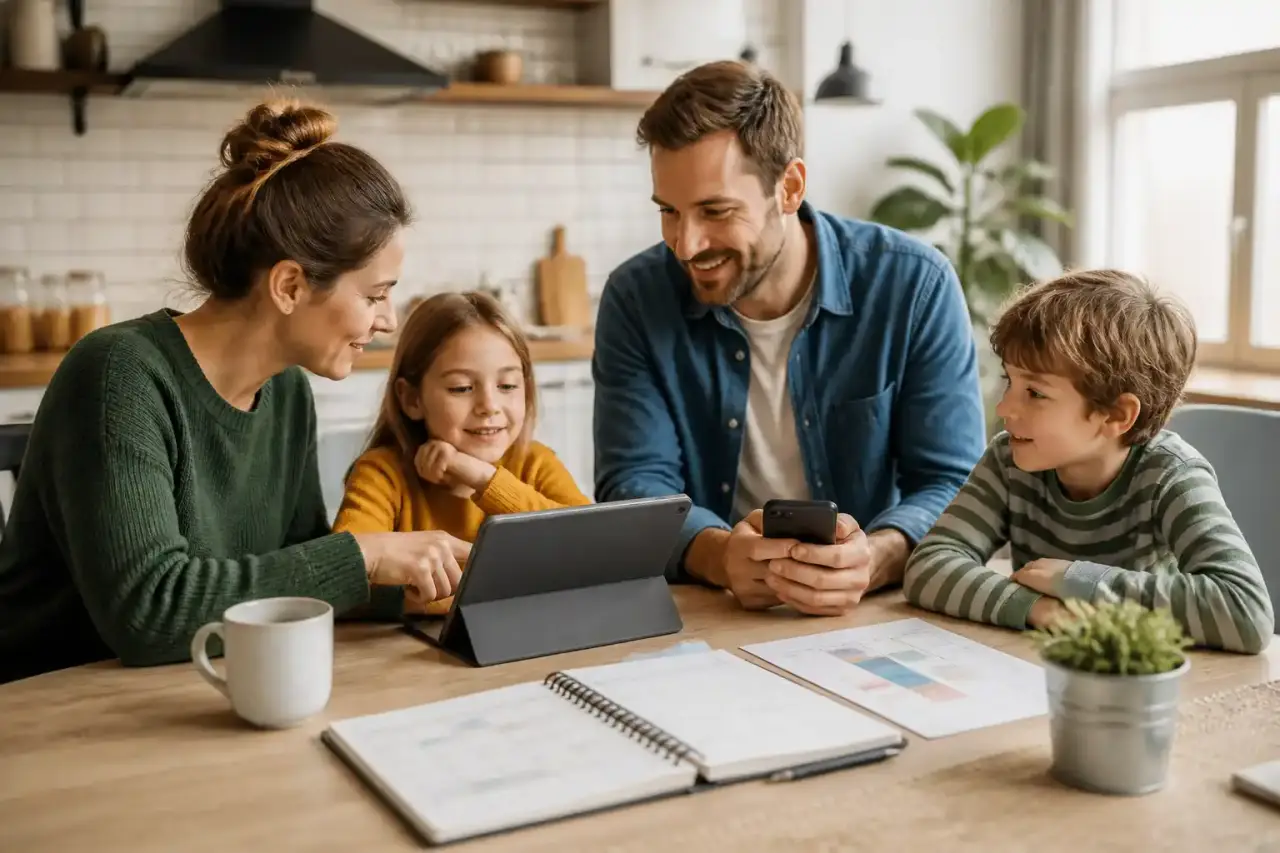 Famille autour d'une table consultant un calendrier familial sur tablette