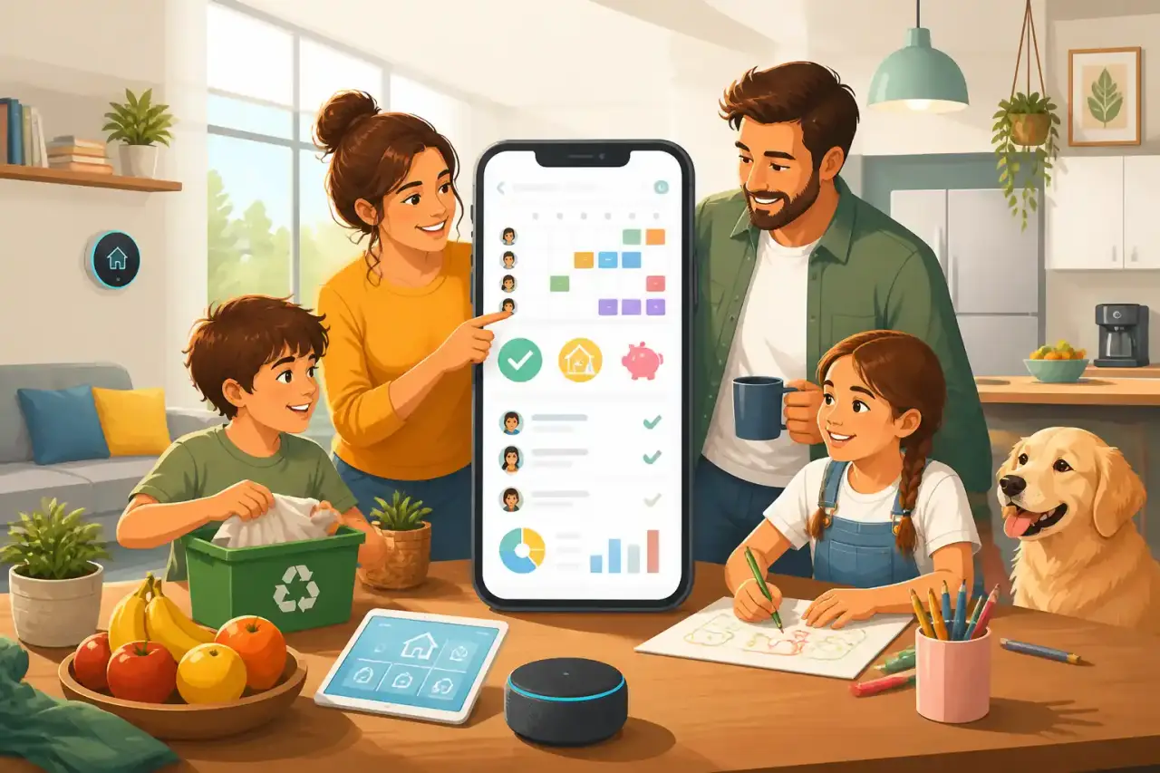 Une famille heureuse et détendue organisant son quotidien autour d'une table de cuisine